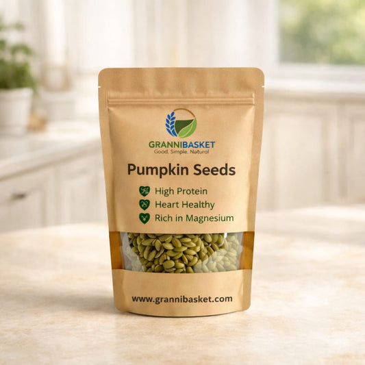 Granni Basket pumpkin seeds stand-up pouch packaging showing raw pumpkin seeds pepitas healthy superfood