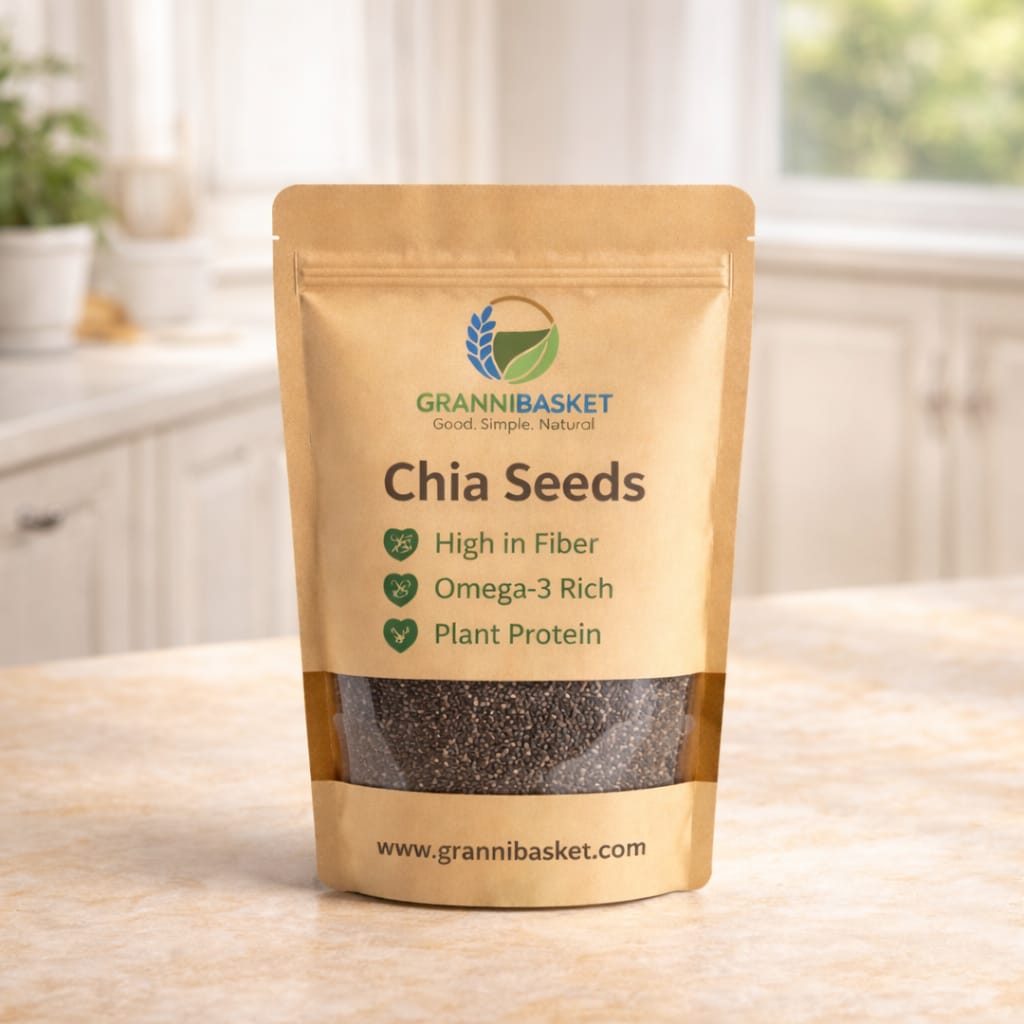 Premium chia seeds in kraft pouch packaging by Granni's Basket with resealable stand-up pouch and transparent window