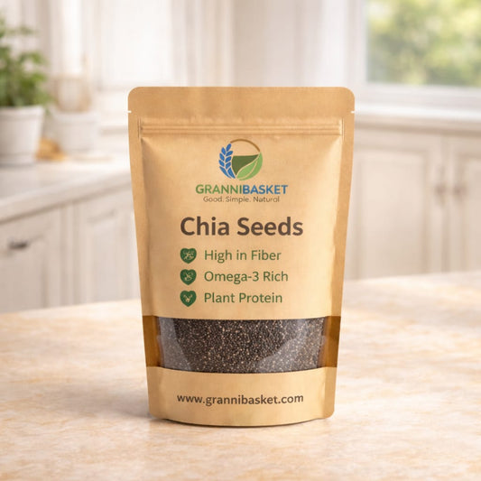 Premium chia seeds in kraft pouch packaging by Granni's Basket with resealable stand-up pouch and transparent window