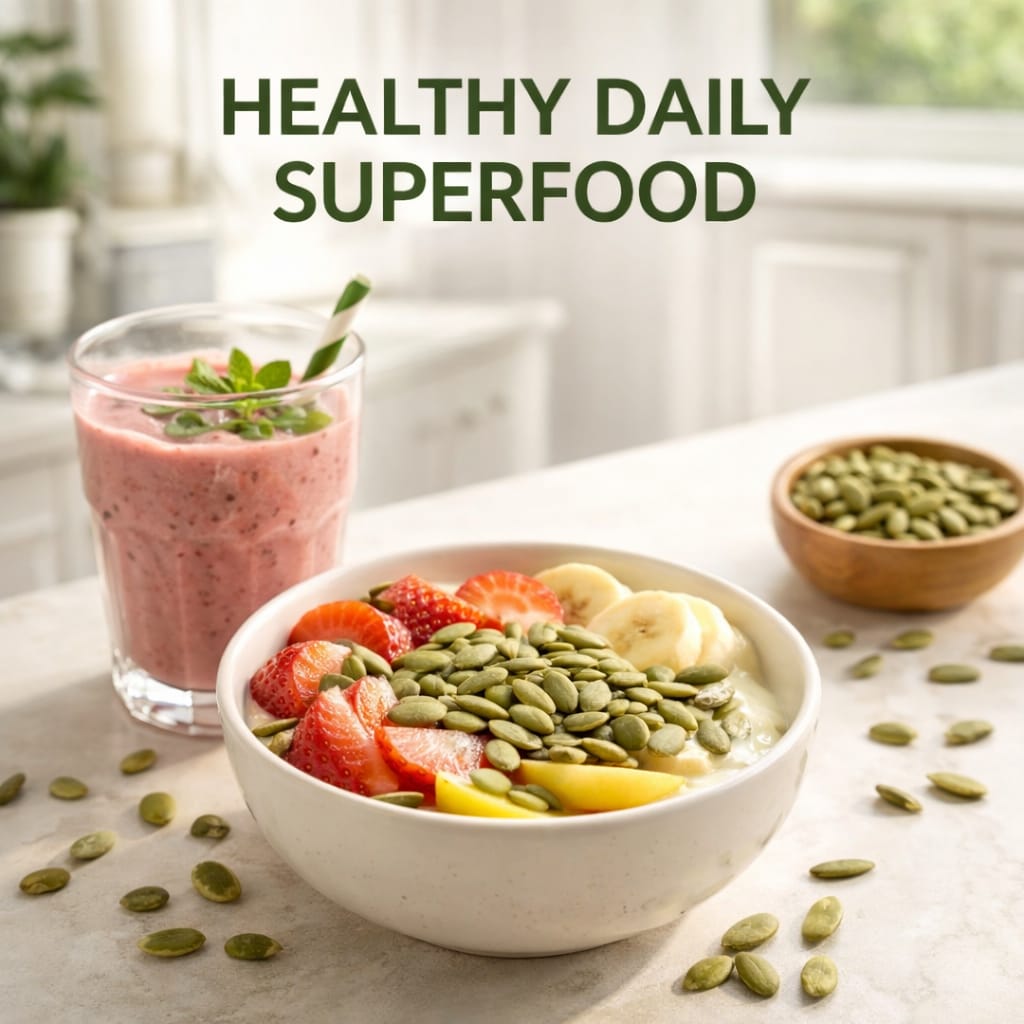 Healthy breakfast bowl with fruits and pumpkin seeds with smoothie drink labeled healthy daily superfood.