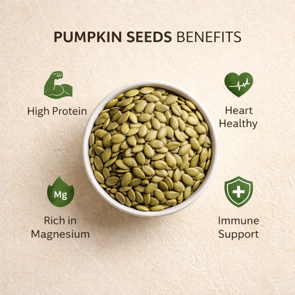 Pumpkin seeds benefits infographic showing high protein, magnesium rich, heart healthy, and immune support.