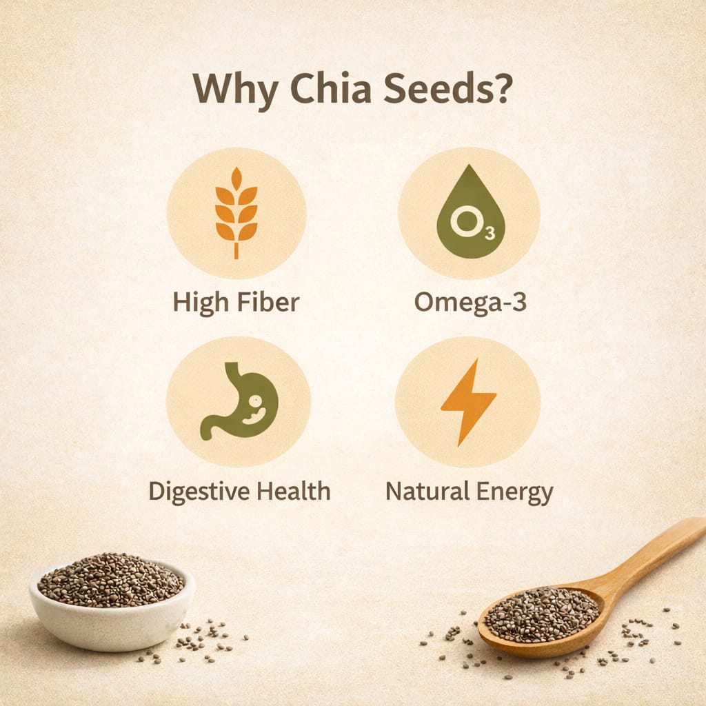 Chia seeds health benefits showing high fiber, omega-3 fatty acids, digestive health support and natural energy.