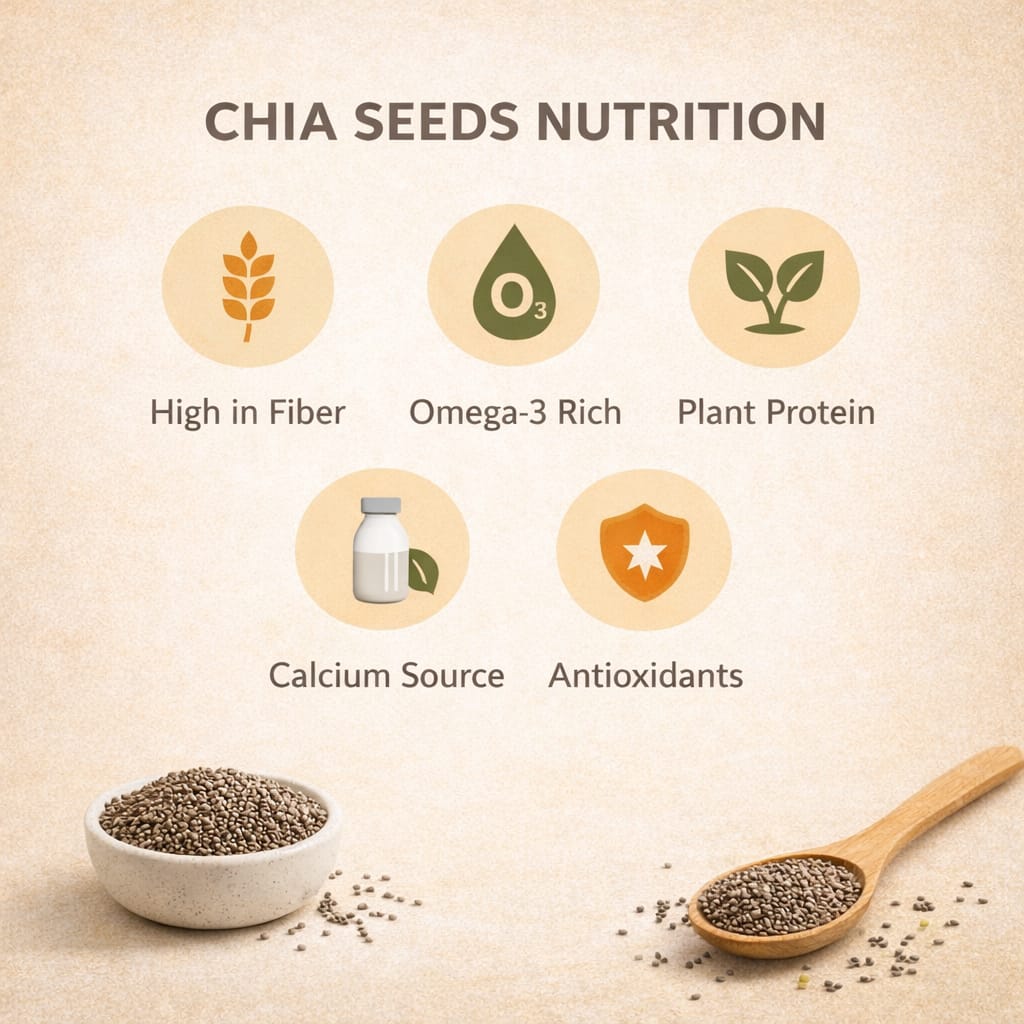 Chia seeds nutrition infographic showing fiber, omega-3, plant protein, calcium and antioxidants.