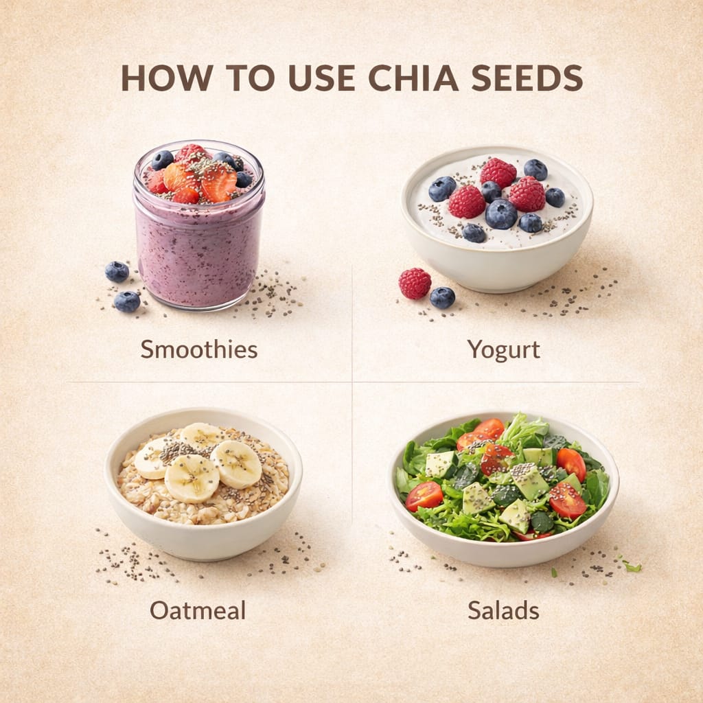 Different ways to use chia seeds including smoothies, yogurt, oatmeal and salads.